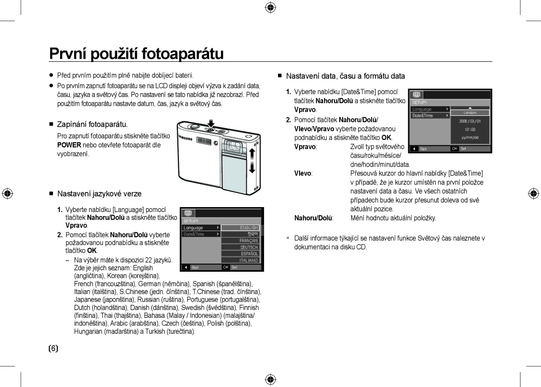 Samsung EC-I100ZRBA/IT, EC-I100ZGBA/E3 manual První použití fotoaparátu,  Zapínání fotoaparátu,  Nastavení jazykové verze 