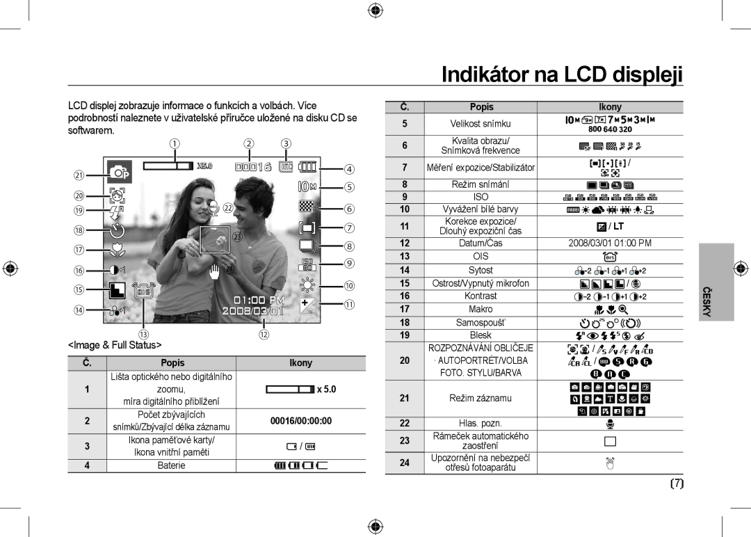 Samsung EC-I100ZGBA/IT, EC-I100ZGBA/E3, EC-I100ZSBA/FR manual Indikátor na LCD displeji, Kvalita obrazu Snímková frekvence 