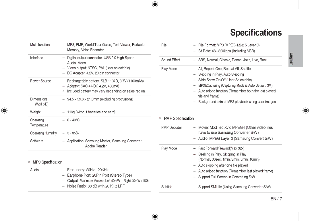 Samsung EC-I100ZRBB/AS, EC-I100ZGBA/E3, EC-I100ZSBA/FR, EC-I100ZGBA/FR manual EN-17,  MP3 Speciﬁcation,  PMP Speciﬁcation 