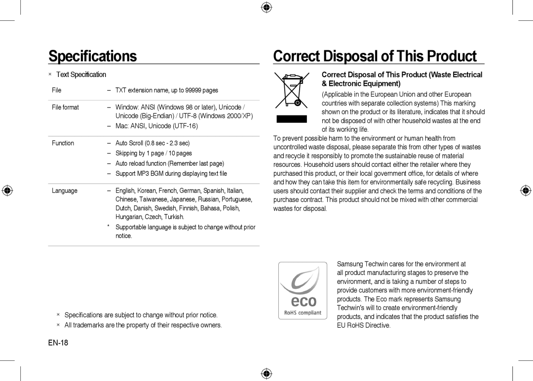 Samsung EC-I100ZSBB/AS manual Correct Disposal of This Product, EN-18,  Text Speciﬁcation, Mac ANSI, Unicode UTF-16 