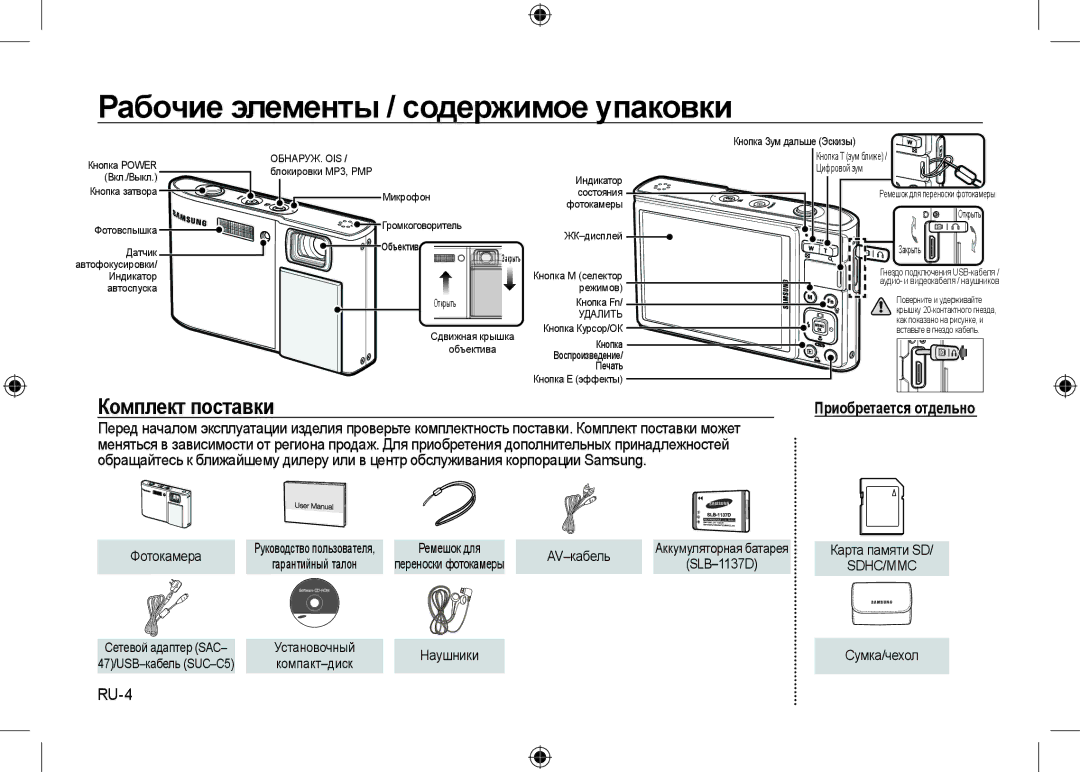 Samsung EC-I100ZNWB/RU, EC-I100ZGBA/E3 manual Рабочие элементы / содержимое упаковки, Комплект поставки, RU-4, AV-кабель 