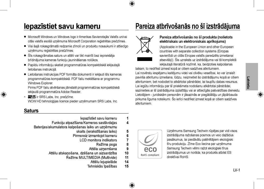 Samsung EC-I100ZGBA/IT, EC-I100ZGBA/E3 manual Iepazīstiet savu kameru, Pareiza atbrīvošanās no šī izstrādājuma, Saturs, LV-1 