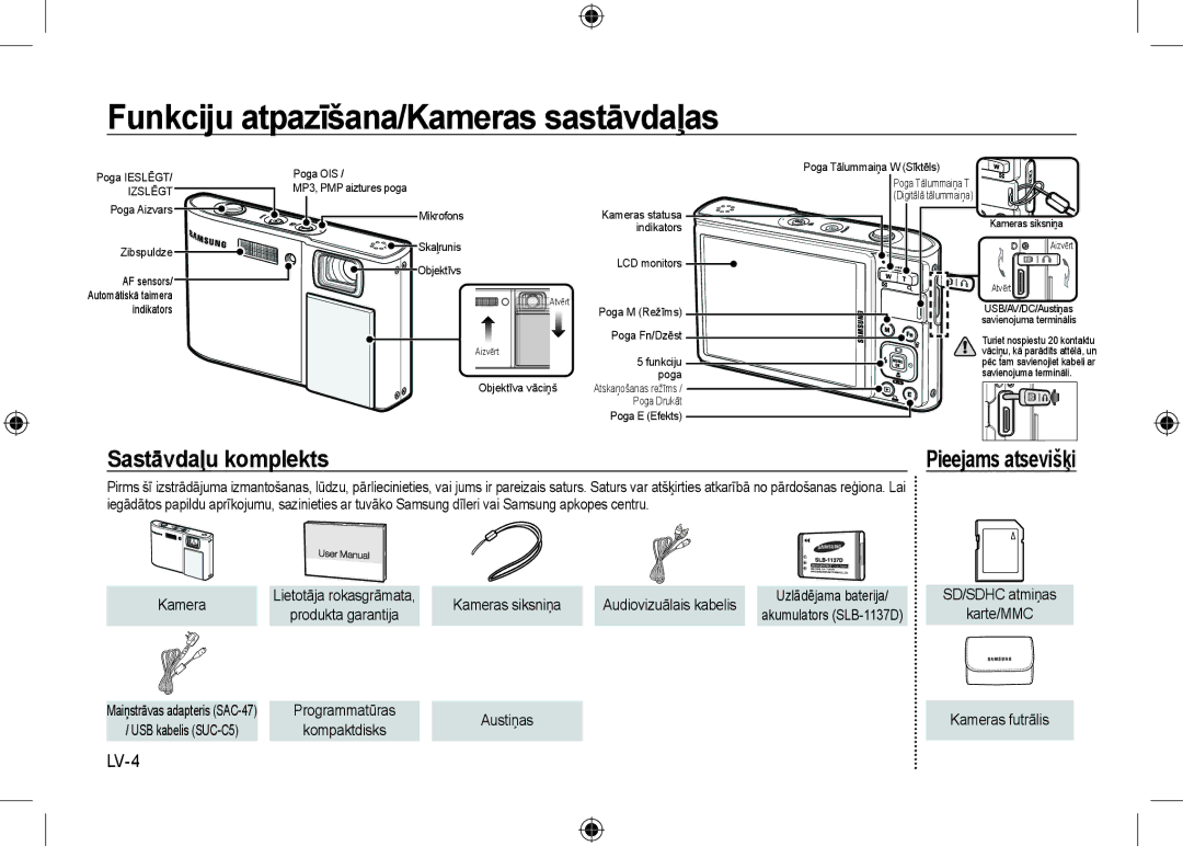 Samsung EC-I100ZSBA/IT manual Funkciju atpazīšana/Kameras sastāvdaļas, Sastāvdaļu komplekts, LV-4, Pieejams atsevišķi 