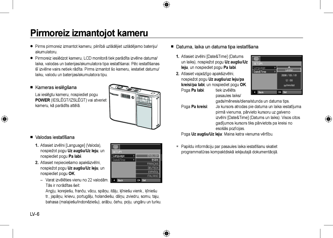 Samsung EC-I100ZSBA/E1, EC-I100ZGBA/E3 manual Pirmoreiz izmantojot kameru,  Kameras ieslēgšana,  Valodas iestatīšana, LV-6 