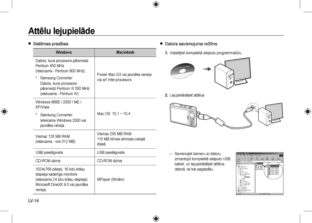 Samsung EC-I100ZSBA/RU Attēlu lejupielāde,  Sistēmas prasības,  Datora savienojuma režīms, LV-14, Windows Macintosh 