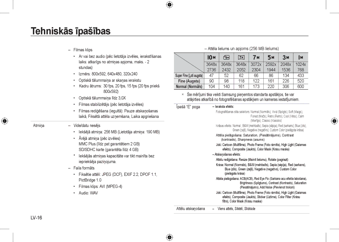 Samsung EC-I100ZNWB/RU, EC-I100ZGBA/E3, EC-I100ZSBA/FR, EC-I100ZGBA/FR, EC-I100ZSBA/E3 manual Tehniskās īpašības, LV-16 
