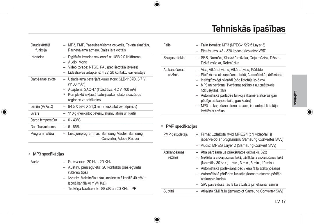 Samsung EC-I100ZRBA/RU, EC-I100ZGBA/E3, EC-I100ZSBA/FR, EC-I100ZGBA/FR manual LV-17,  MP3 speciﬁkācijas,  PMP speciﬁkācijas 