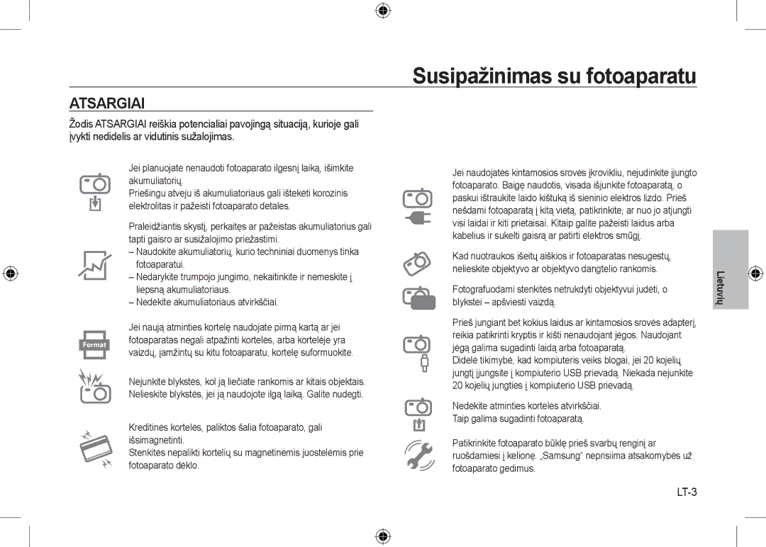 Samsung EC-I100ZBBA/RU, EC-I100ZGBA/E3, EC-I100ZSBA/FR, EC-I100ZGBA/FR, EC-I100ZSBA/E3, EC-I100ZRBA/E3 manual Atsargiai, LT-3 