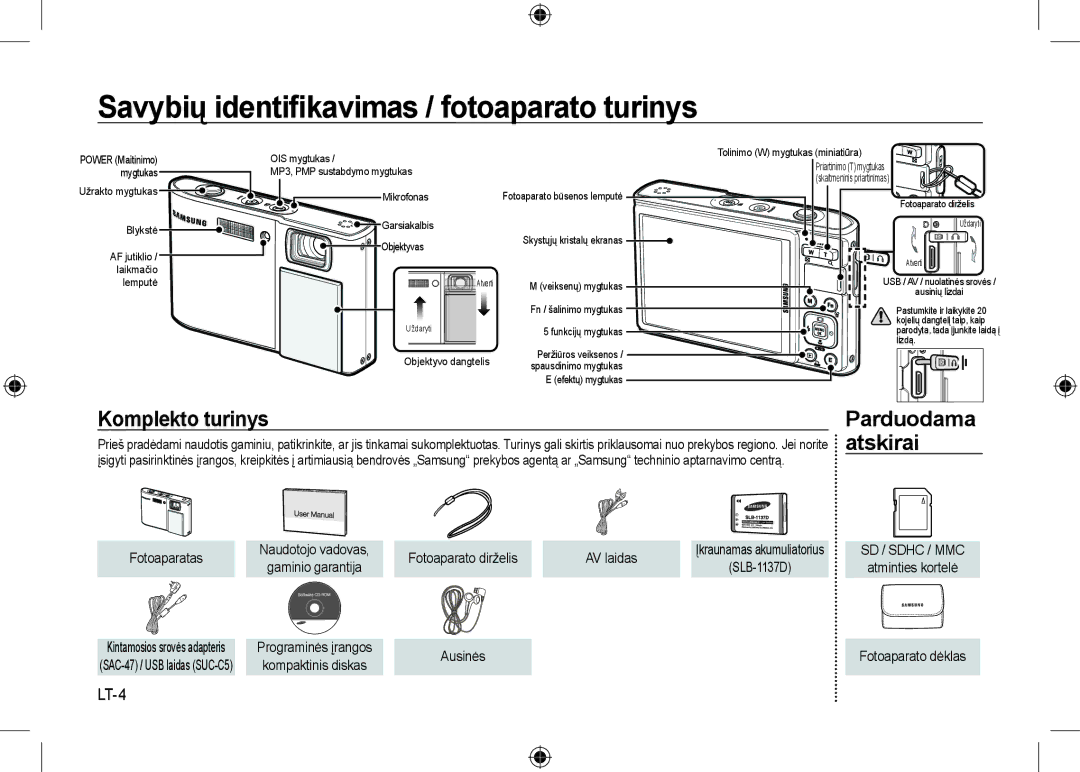 Samsung EC-I100ZGBA/E3 manual Savybių identiﬁkavimas / fotoaparato turinys, Komplekto turinys Parduodama, Atskirai, LT-4 