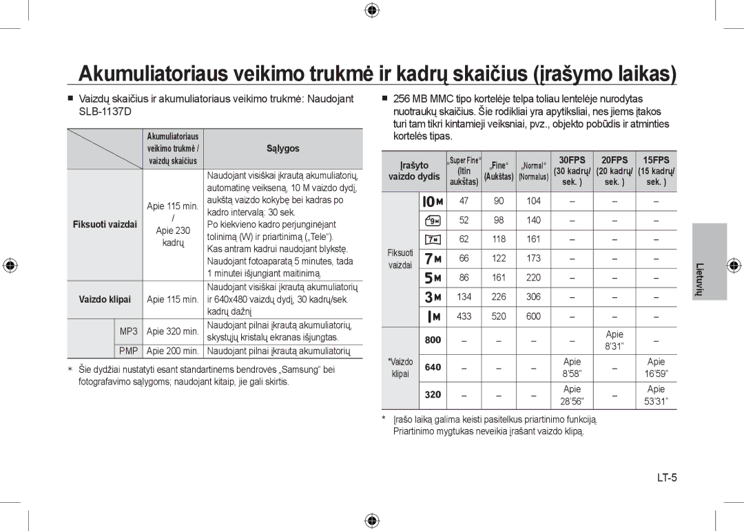 Samsung EC-I100ZSBA/FR, EC-I100ZGBA/E3, EC-I100ZGBA/FR, EC-I100ZSBA/E3, EC-I100ZRBA/E3 LT-5, Sąlygos, Įrašyto, Vaizdo dydis 