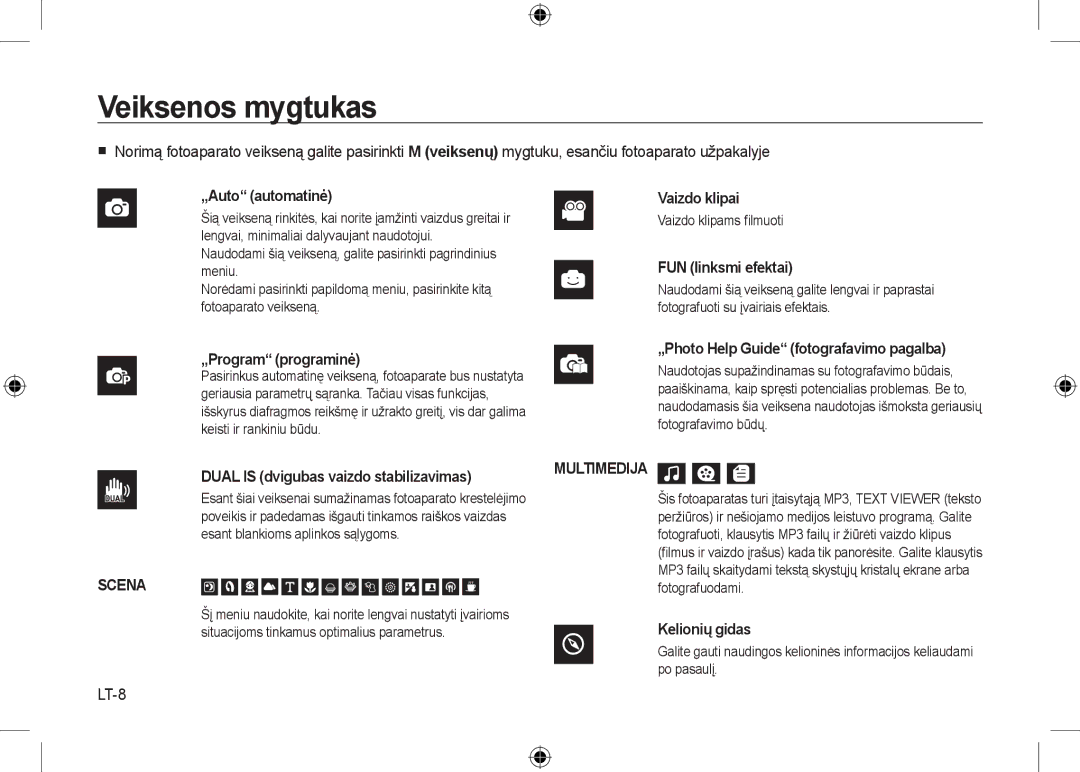 Samsung EC-I100ZRBA/E3, EC-I100ZGBA/E3, EC-I100ZSBA/FR, EC-I100ZGBA/FR manual Veiksenos mygtukas, LT-8, Vaizdo klipams ﬁlmuoti 