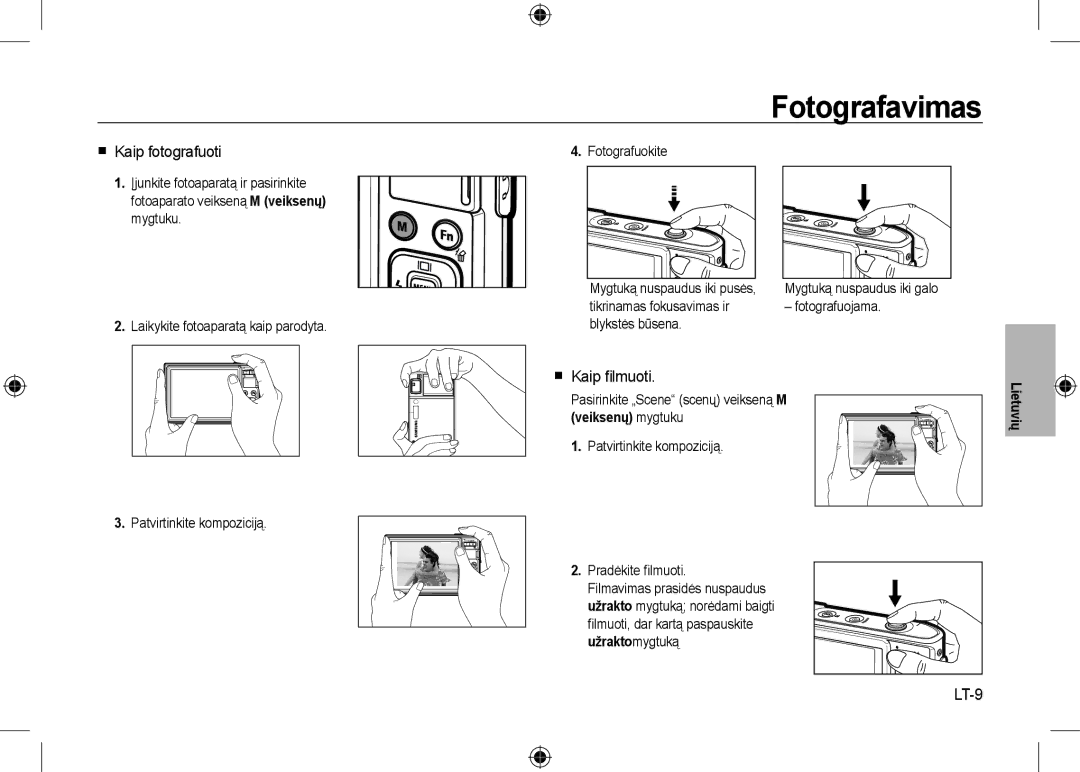 Samsung EC-I100ZBBA/FR, EC-I100ZGBA/E3, EC-I100ZSBA/FR manual Fotografavimas,  Kaip fotografuoti,  Kaip ﬁlmuoti, LT-9 