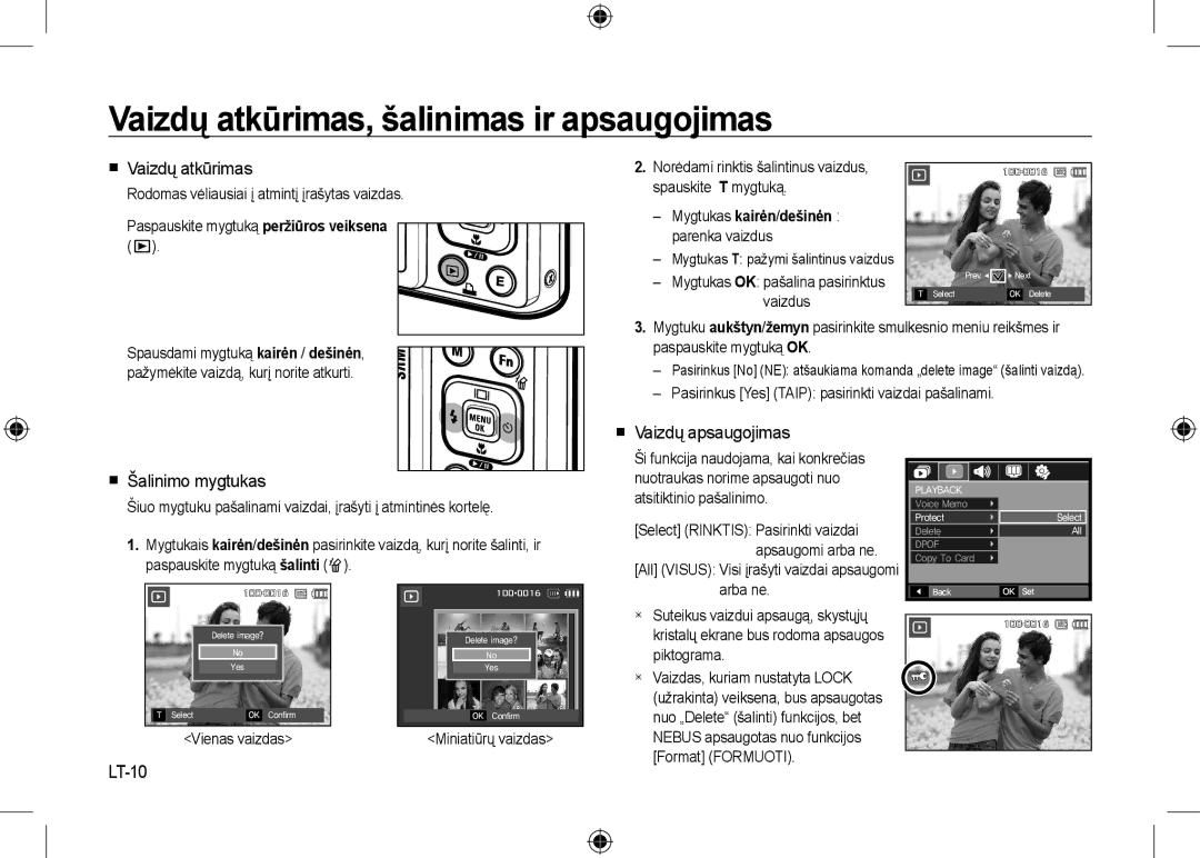 Samsung EC-I100ZBBA/E3 manual Vaizdų atkūrimas, šalinimas ir apsaugojimas,  Vaizdų atkūrimas,  Šalinimo mygtukas, LT-10 