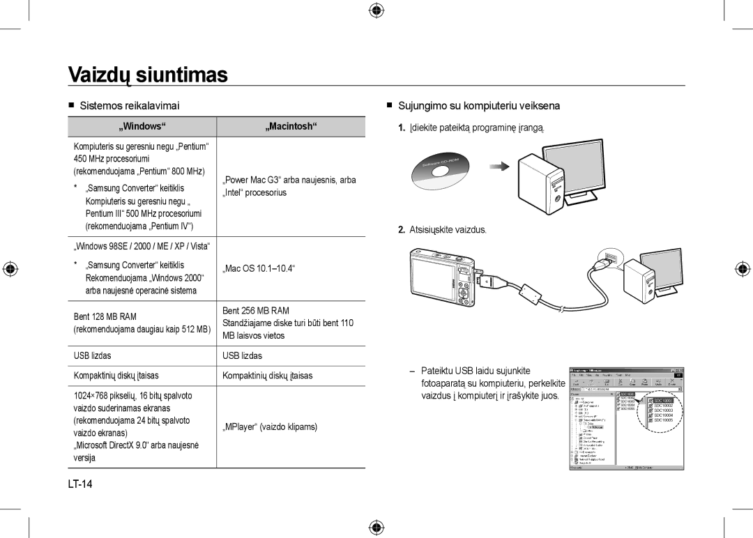 Samsung EC-I100ZNBA/IT manual Vaizdų siuntimas,  Sistemos reikalavimai,  Sujungimo su kompiuteriu veiksena, LT-14 