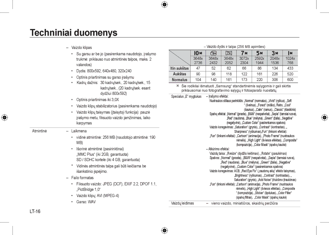 Samsung EC-I100ZSBA/IT, EC-I100ZGBA/E3, EC-I100ZSBA/FR, EC-I100ZGBA/FR, EC-I100ZSBA/E3 manual Techniniai duomenys, LT-16 