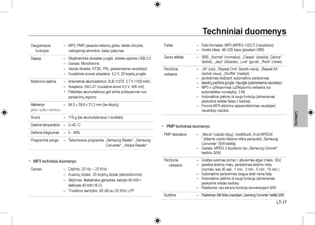 Samsung EC-I100ZBBA/IT, EC-I100ZGBA/E3, EC-I100ZSBA/FR manual LT-17,  PMP techniniai duomenys,  MP3 techniniai duomenys 