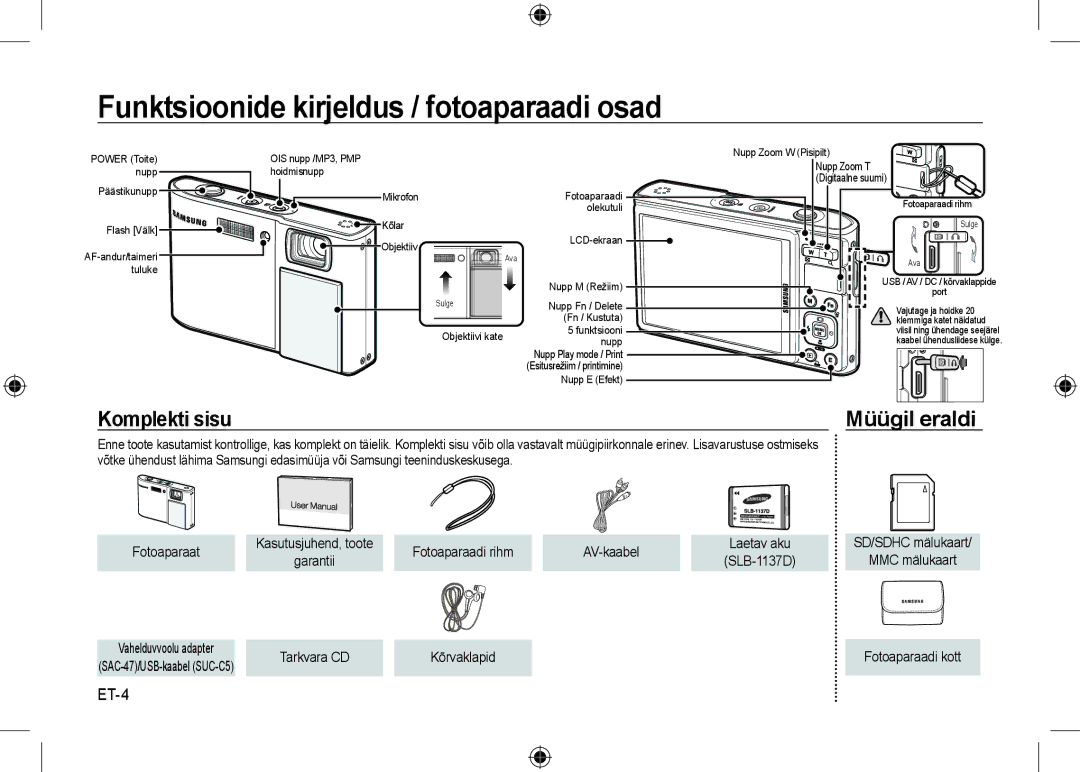 Samsung EC-I100ZSBB/AS manual Funktsioonide kirjeldus / fotoaparaadi osad, Komplekti sisu, ET-4, Fotoaparaat, AV-kaabel 
