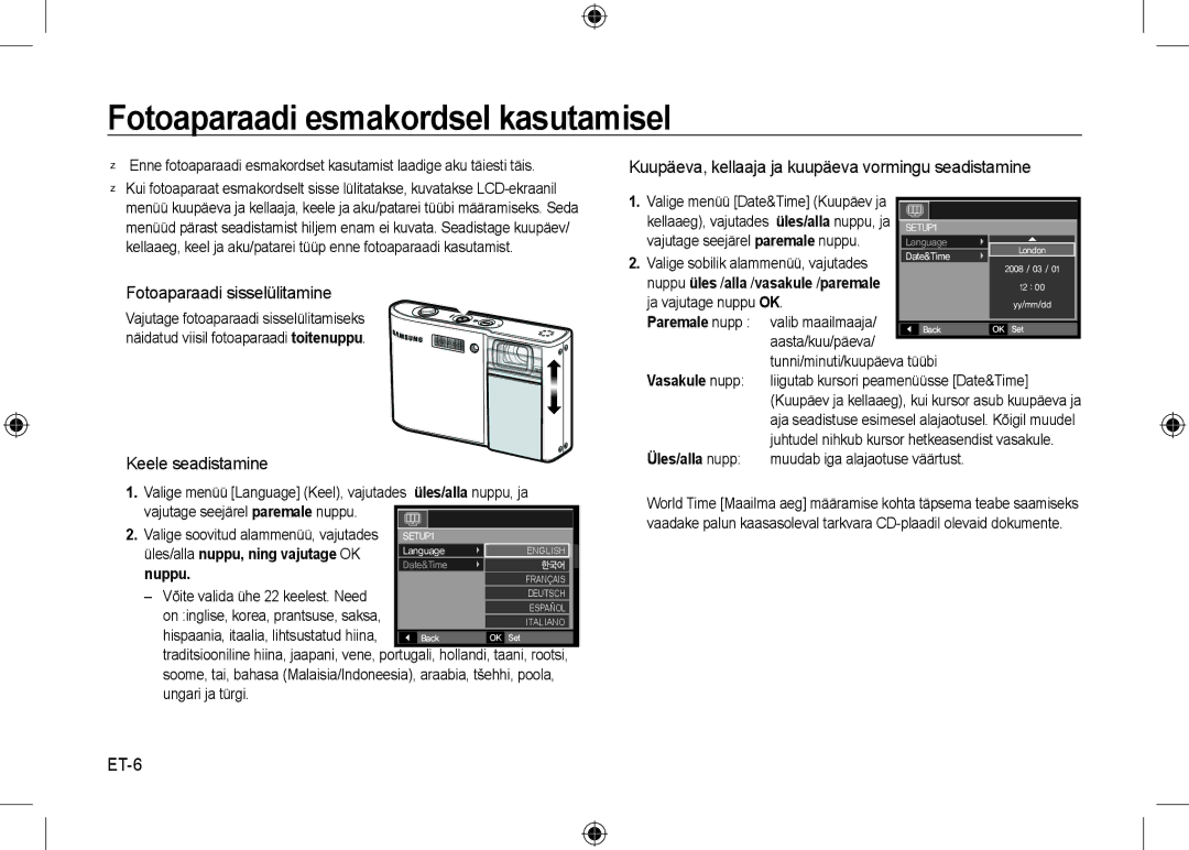 Samsung EC-I100ZGBB/AS Fotoaparaadi esmakordsel kasutamisel,  Fotoaparaadi sisselülitamine,  Keele seadistamine, ET-6 