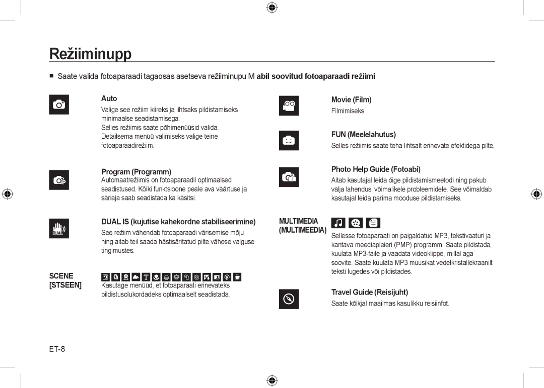 Samsung EC-I100ZSBA/RU, EC-I100ZGBA/E3 manual Režiiminupp, ET-8, Movie Film, Saate kõikjal maailmas kasulikku reisiinfot 