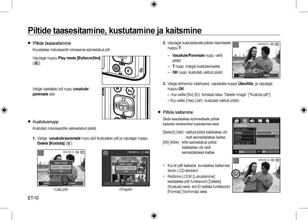 Samsung EC-I100ZNWB/RU Piltide taasesitamine, kustutamine ja kaitsmine,  Piltide taasesitamine,  Kustutusnupp, ET-10 