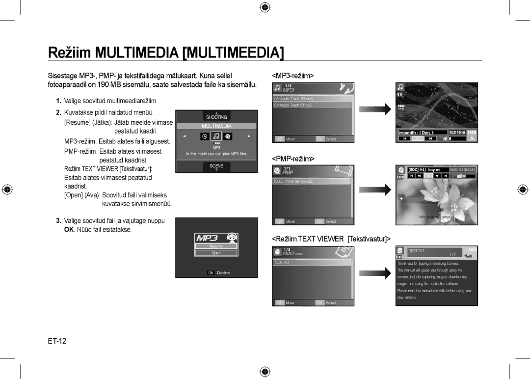 Samsung EC-I100ZABA/RU PMP-režiim, ET-12, MP3-režiim Esitab alates faili algusest, Režiim Text Viewer Tekstivaatur 