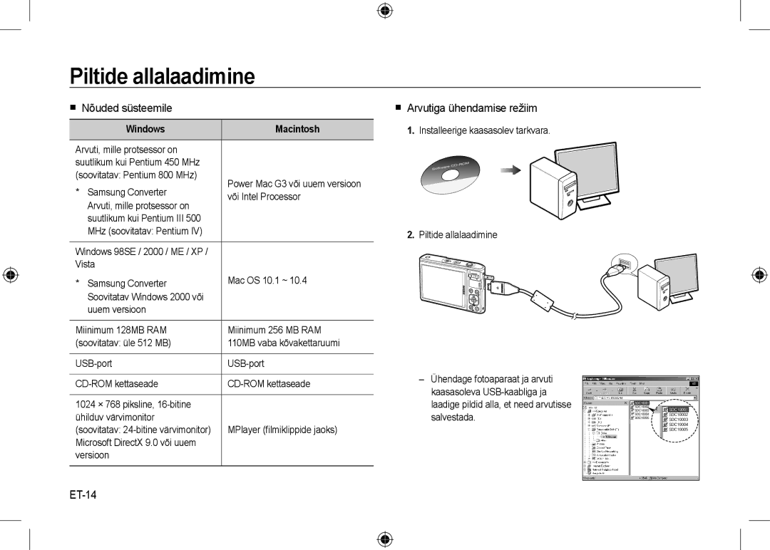 Samsung EC-I100ZRWB/RU, EC-I100ZGBA/E3 Piltide allalaadimine,  Nõuded süsteemile,  Arvutiga ühendamise režiim, ET-14 