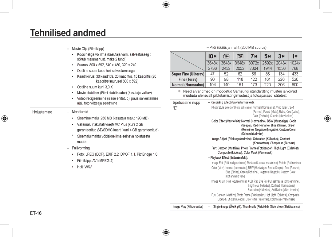 Samsung EC-I100ZGBA/E3, EC-I100ZSBA/FR, EC-I100ZGBA/FR, EC-I100ZSBA/E3, EC-I100ZRBA/E3 manual Tehnilised andmed, ET-16 