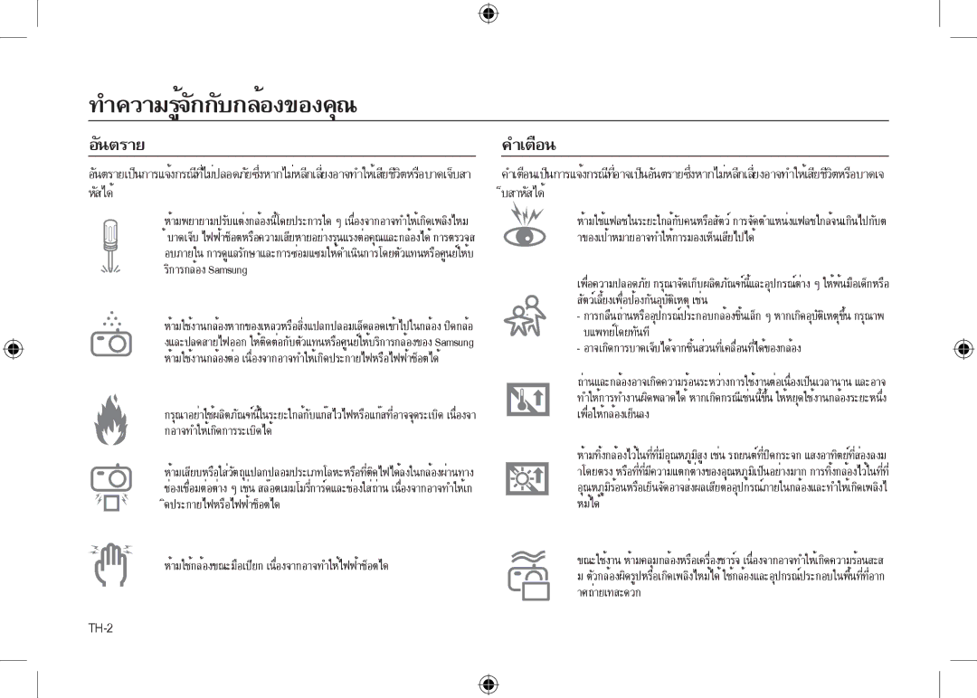 Samsung EC-I100ZSBA/RU, EC-I100ZGBA/E3, EC-I100ZSBA/FR อันตรายคำเตือน, ห้ามใช้กล้องขณะมือเปียก เนื่องจากอาจทำให้ไฟฟ้าช็อตได 