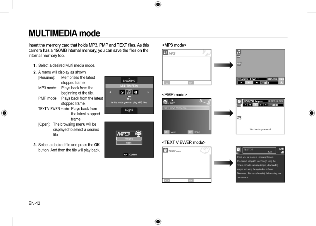 Samsung EC-I100ZSBA/IT, EC-I100ZGBA/E3, EC-I100ZSBA/FR, EC-I100ZGBA/FR, EC-I100ZSBA/E3 manual PMP mode, Text Viewer mode, EN-12 