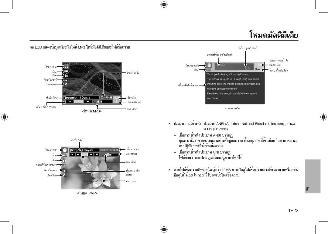 Samsung EC-I100ZSBA/E3 โหมด MP3, Uni Unicode, เมื่อการเข้ารหัสประเภท Ansi ปรากฏ, บบปฏิบัติการที่ใช้สร้างข้อความ, โหมด Pmp 