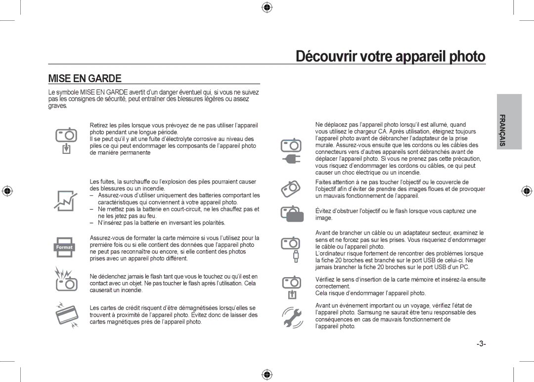 Samsung EC-I100ZNBA/RU, EC-I100ZGBA/E3, EC-I100ZSBA/FR, EC-I100ZGBA/FR, EC-I100ZSBA/E3, EC-I100ZRBA/E3 manual Mise EN Garde 