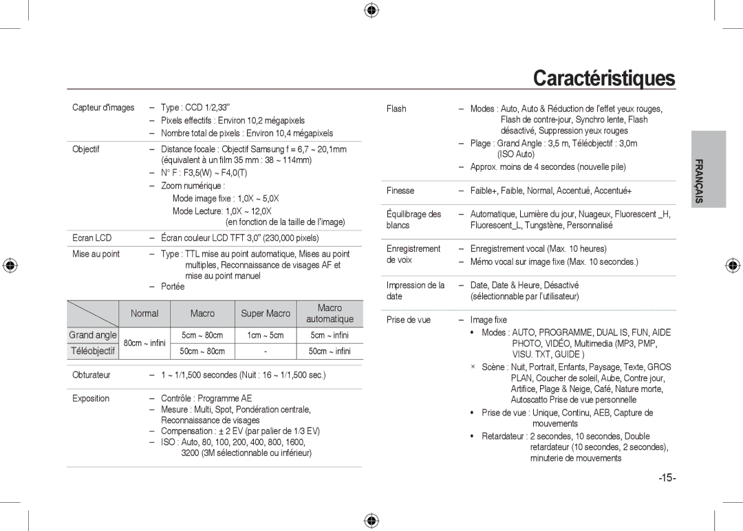 Samsung EC-I100ZBBA/FR, EC-I100ZGBA/E3, EC-I100ZSBA/FR, EC-I100ZGBA/FR, EC-I100ZSBA/E3, EC-I100ZRBA/E3 manual Caractéristiques 