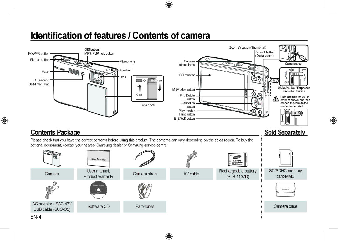 Samsung EC-I100ZRBA/E3, EC-I100ZGBA/E3, EC-I100ZSBA/FR, EC-I100ZGBA/FR manual Identiﬁcation of features / Contents of camera 