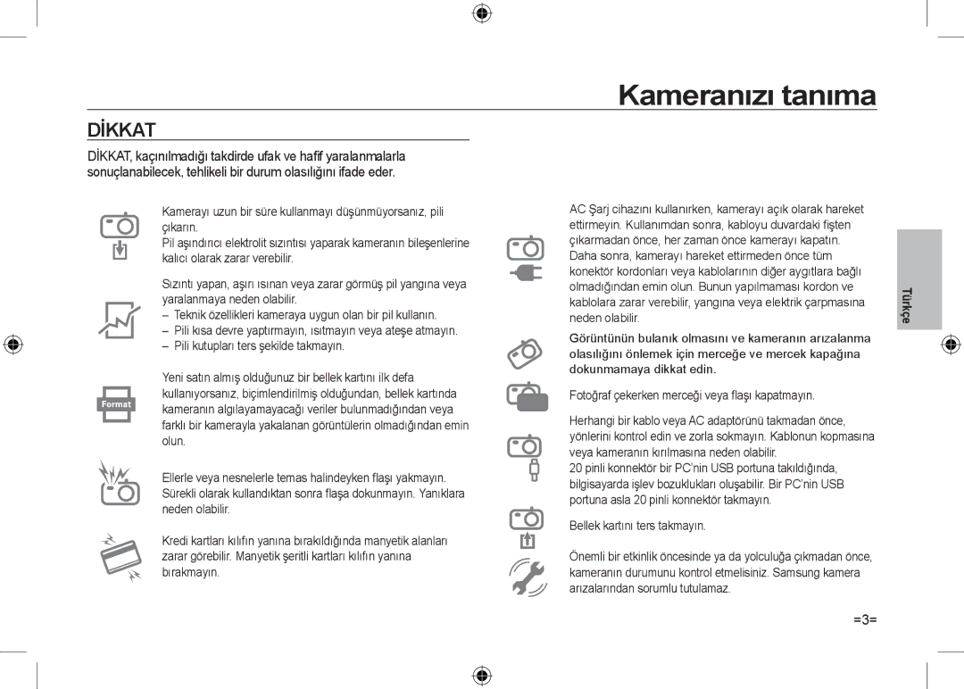 Samsung EC-I100ZABA/IT, EC-I100ZGBA/E3, EC-I100ZSBA/FR, EC-I100ZGBA/FR, EC-I100ZSBA/E3 manual =3=, Bellek kartını ters takmayın 