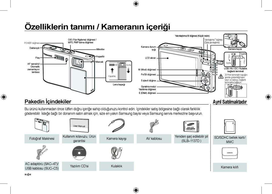 Samsung EC-I100ZSBA/IT, EC-I100ZGBA/E3 manual Özelliklerin tanımı / Kameranın içeriği, Pakedin İçindekiler, =4=, AV kablosu 