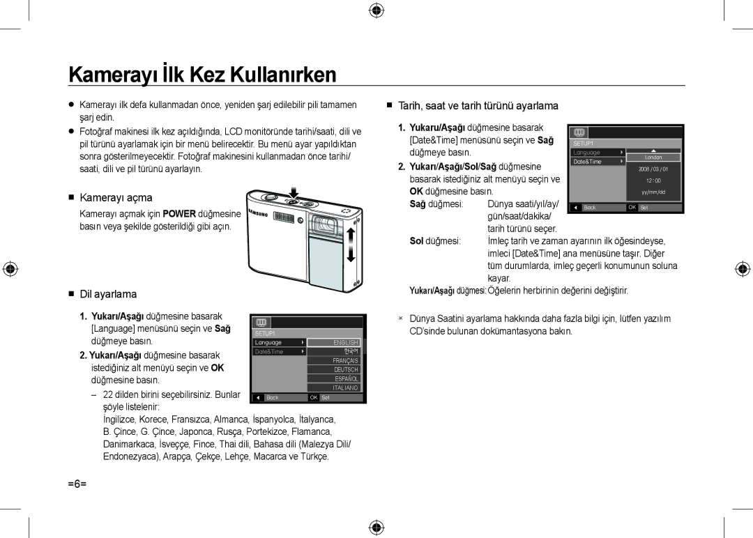 Samsung EC-I100ZSBA/E1, EC-I100ZGBA/E3, EC-I100ZSBA/FR Kamerayı İlk Kez Kullanırken,  Kamerayı açma,  Dil ayarlama, =6= 