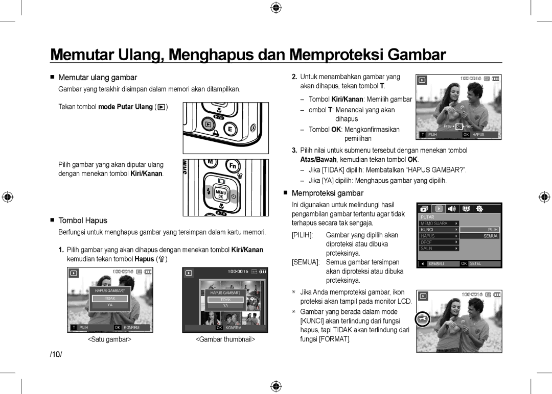 Samsung EC-I100ZNWB/RU manual Memutar Ulang, Menghapus dan Memproteksi Gambar,  Memutar ulang gambar,  Tombol Hapus 