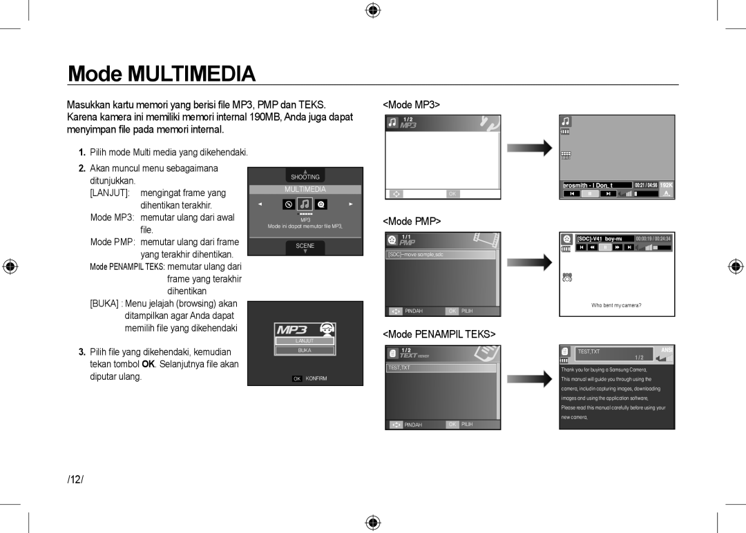 Samsung EC-I100ZABA/RU, EC-I100ZGBA/E3, EC-I100ZSBA/FR manual Mode Penampil Teks, Mode MP3 memutar ulang dari awal ﬁle 