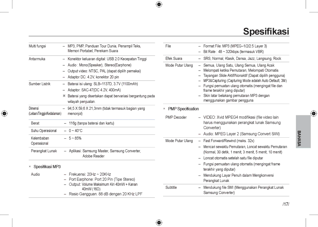 Samsung EC-I100ZSBA/FR Multi fungsi, Memori Portabel, Perekam Suara, Antarmuka, Audio MonoSpeaker, StereoEarphone, Dimensi 