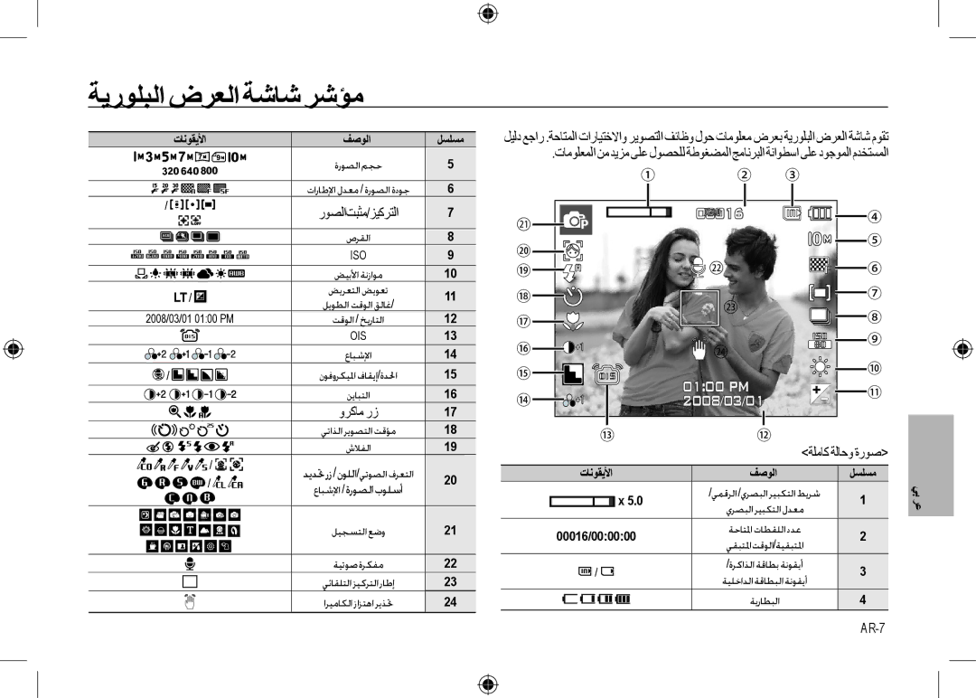 Samsung EC-I100ZGBA/IT, EC-I100ZGBA/E3, EC-I100ZSBA/FR, EC-I100ZGBA/FR, EC-I100ZSBA/E3 manual ﺔﻳﺭﻮﻠﺒﻟﺍ ﺽﺮﻌﻟﺍ ﺔﺷﺎﺷﺮﺷﺆﻣ, AR-7 