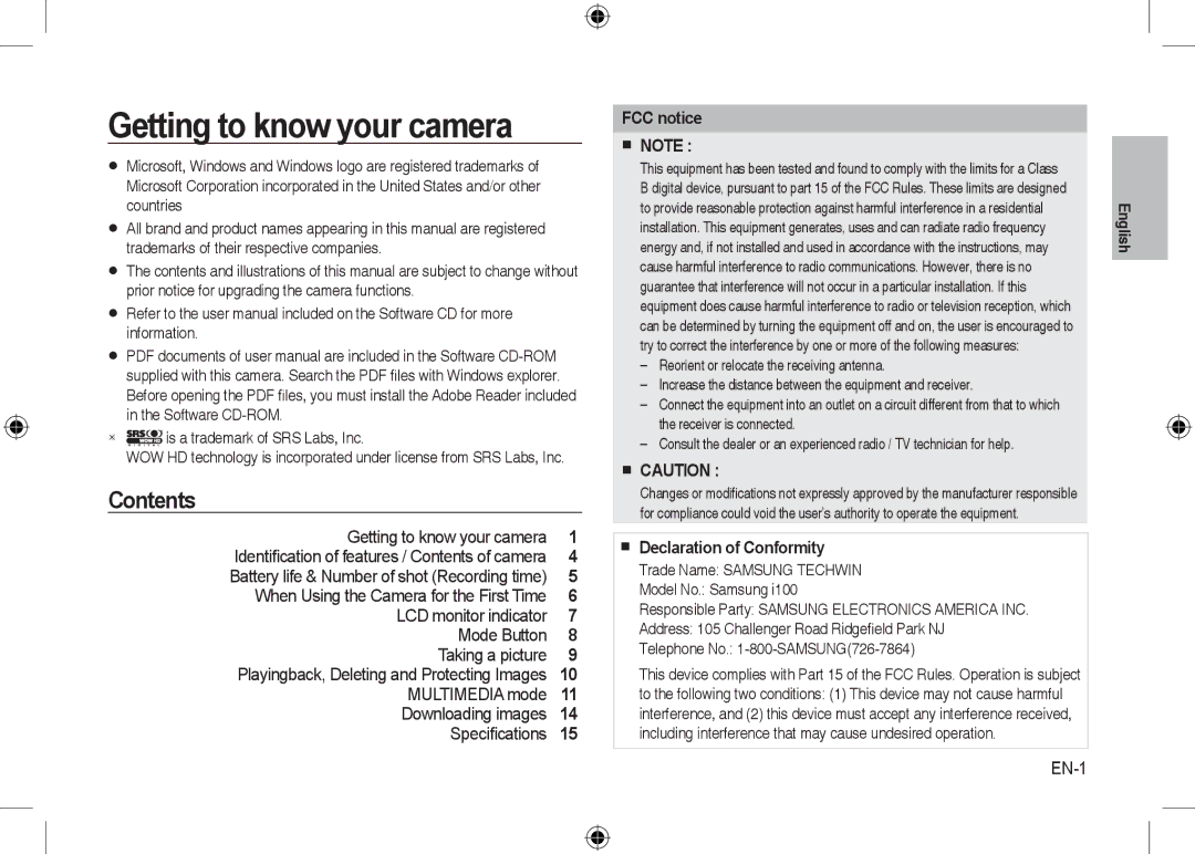 Samsung EC-I100ZSBA/FR, EC-I100ZGBA/E3, EC-I100ZGBA/FR, EC-I100ZSBA/E3 manual Getting to know your camera, Contents 