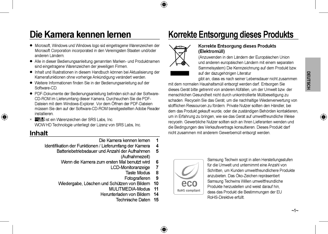 Samsung EC-I100ZABA/E3, EC-I100ZGBA/E3, EC-I100ZSBA/FR, EC-I100ZGBA/FR, EC-I100ZSBA/E3 Die Kamera kennen lernen, Inhalt, ~1~ 