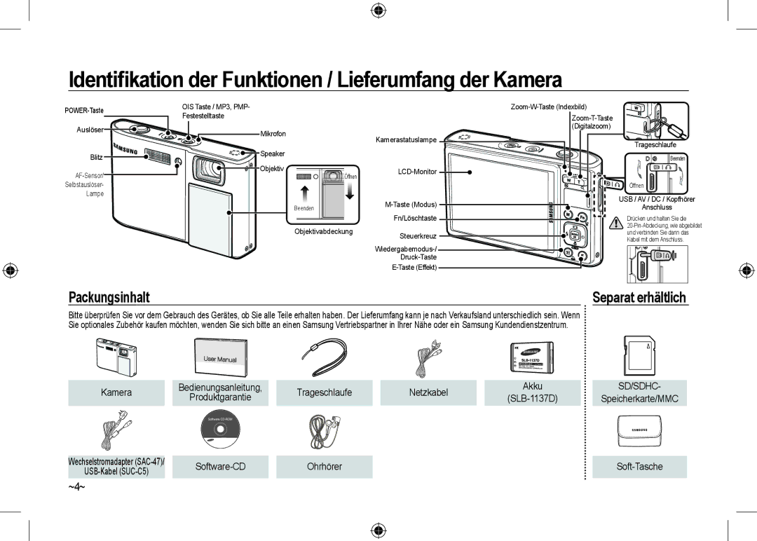 Samsung EC-I100ZNWB/RU manual Identiﬁkation der Funktionen / Lieferumfang der Kamera, ~4~, Netzkabel, USB-Kabel SUC-C5 