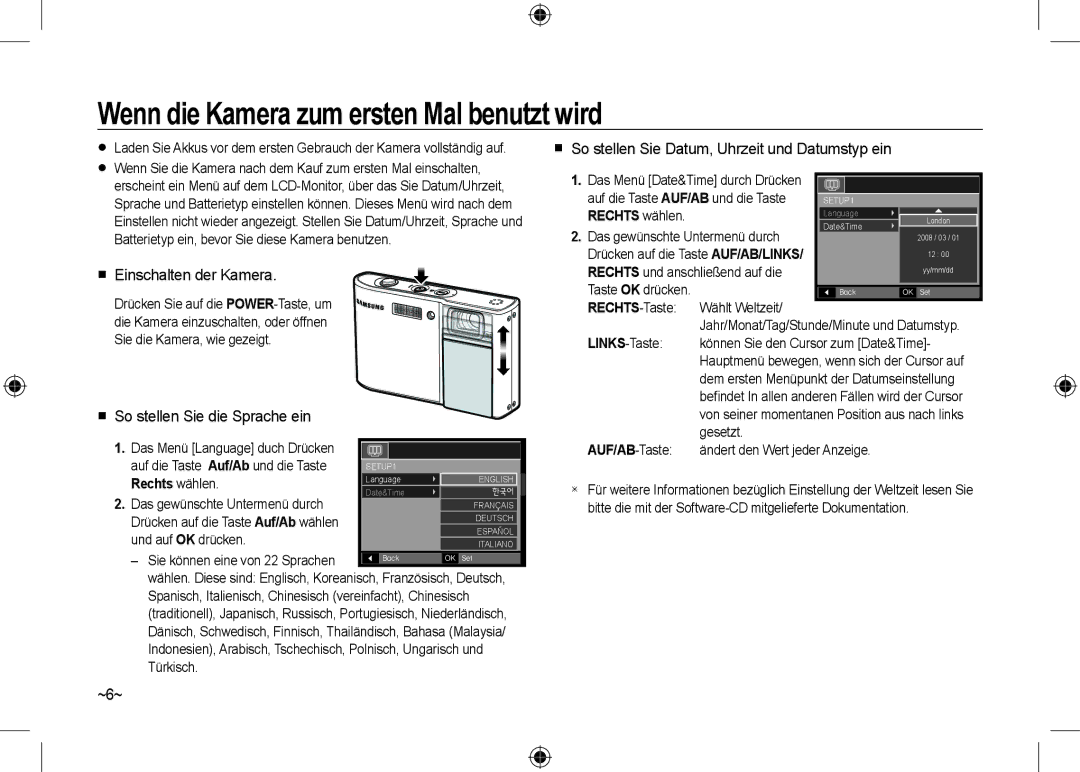 Samsung EC-I100ZABA/RU Wenn die Kamera zum ersten Mal benutzt wird,  So stellen Sie Datum, Uhrzeit und Datumstyp ein, ~6~ 