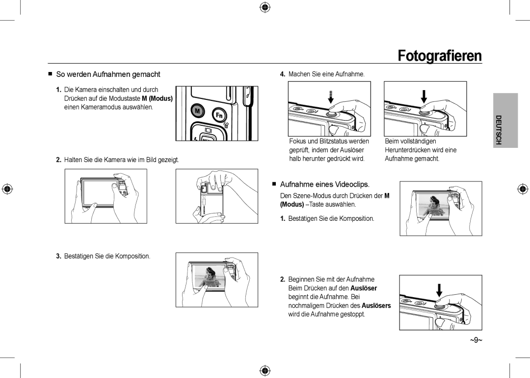 Samsung EC-I100ZBBA/RU, EC-I100ZGBA/E3 manual Fotograﬁeren,  So werden Aufnahmen gemacht,  Aufnahme eines Videoclips, ~9~ 