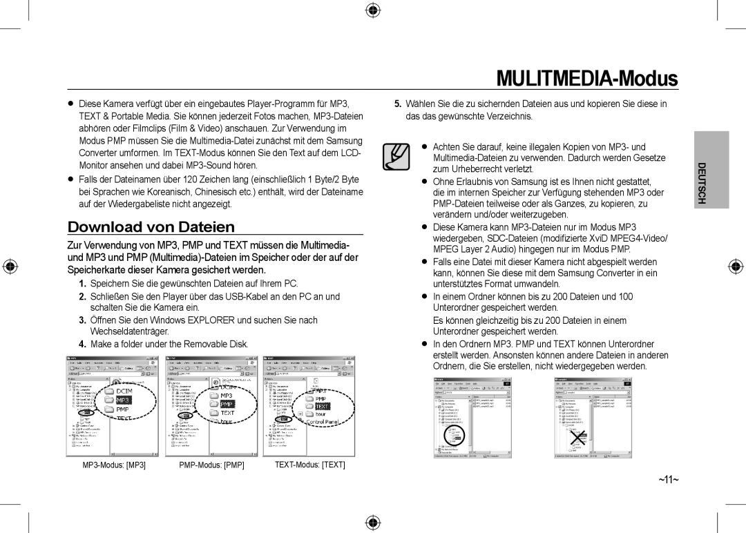 Samsung EC-I100ZSBA/FR, EC-I100ZGBA/E3, EC-I100ZGBA/FR, EC-I100ZSBA/E3 manual MULITMEDIA-Modus, Download von Dateien, ~11~ 