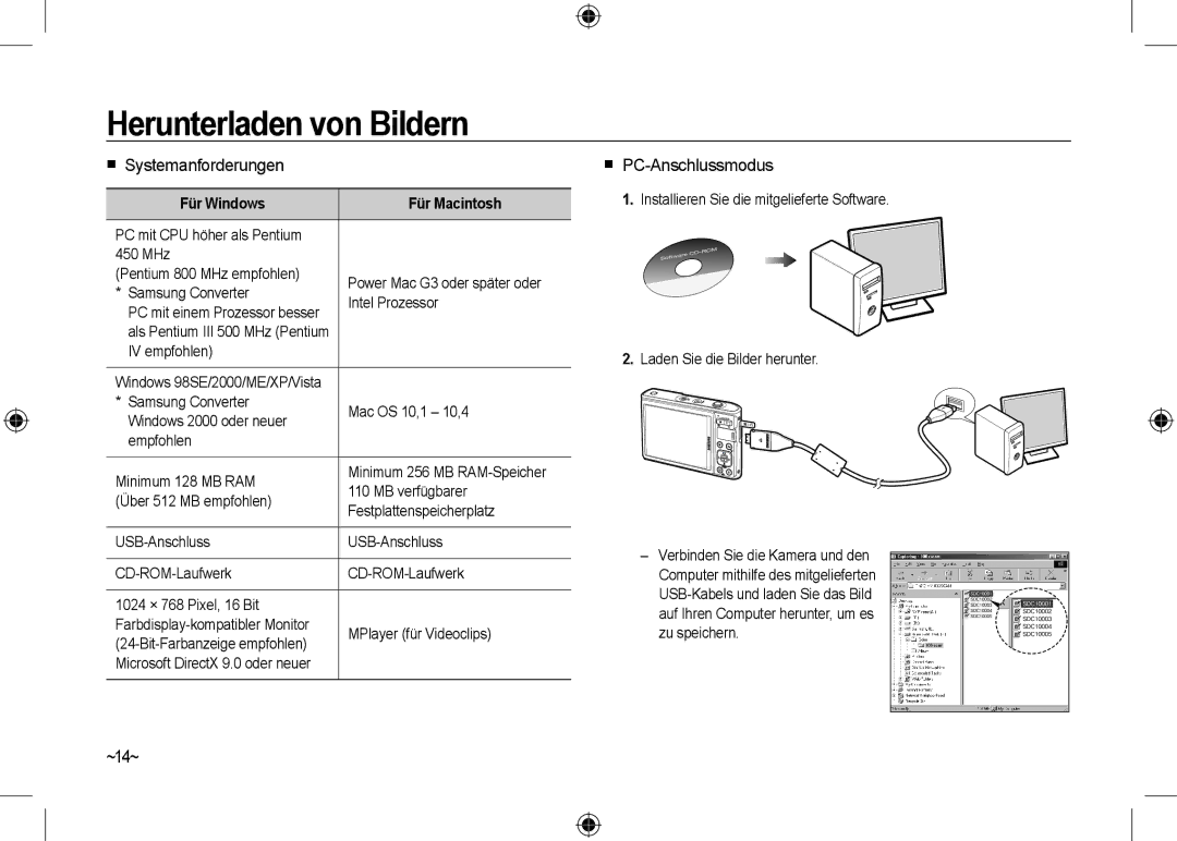 Samsung EC-I100ZRBA/E3, EC-I100ZGBA/E3 manual Herunterladen von Bildern,  Systemanforderungen,  PC-Anschlussmodus, ~14~ 