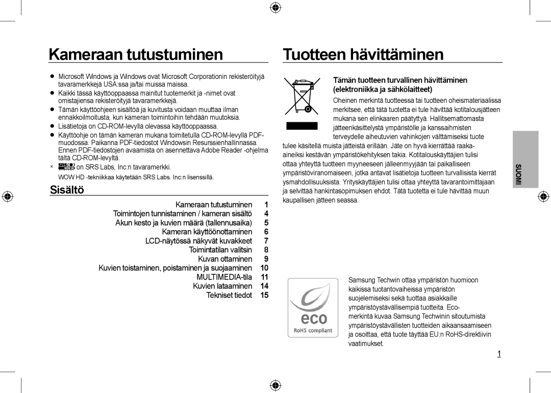 Samsung EC-I100ZGBA/IT Kameraan tutustuminen, Tuotteen hävittäminen, Sisältö, Toimintojen tunnistaminen / kameran sisältö 