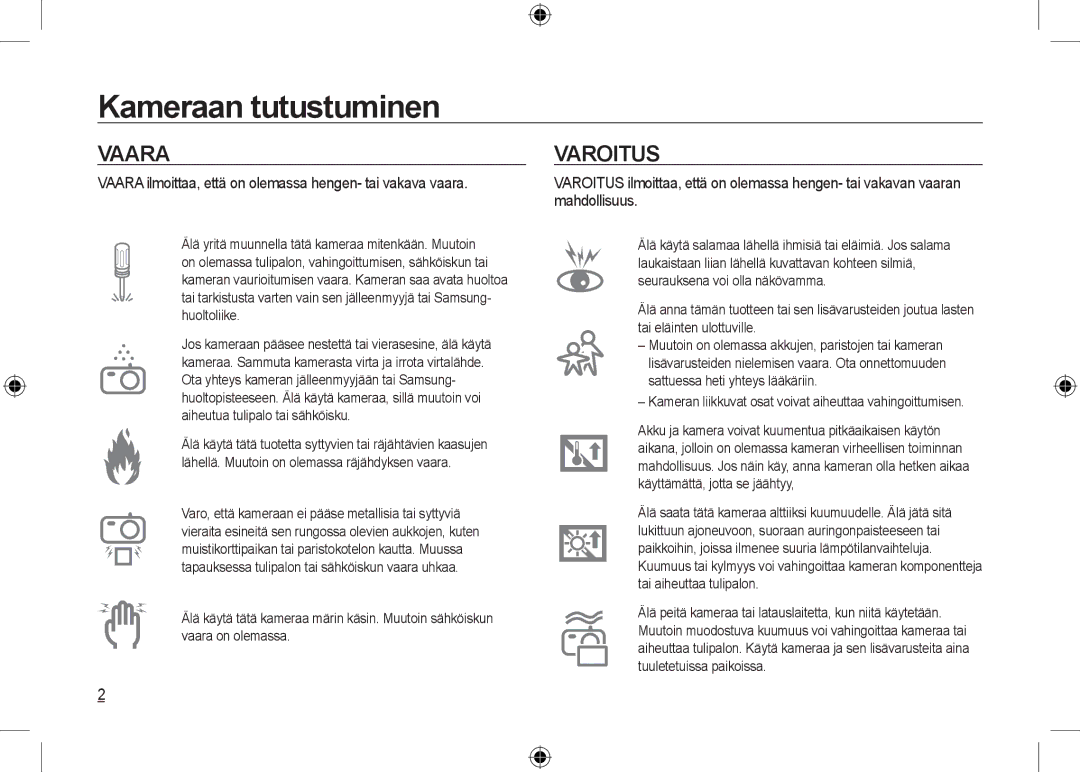 Samsung EC-I100ZNBA/IT, EC-I100ZGBA/E3 manual Varoitus, Vaara ilmoittaa, että on olemassa hengen- tai vakava vaara 