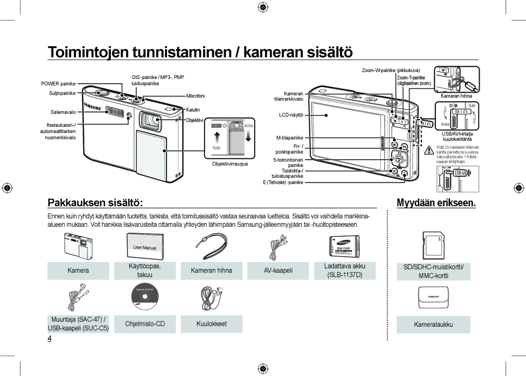 Samsung EC-I100ZSBA/IT manual Toimintojen tunnistaminen / kameran sisältö, Pakkauksen sisältö, AV-kaapeli, Muuntaja SAC-47 